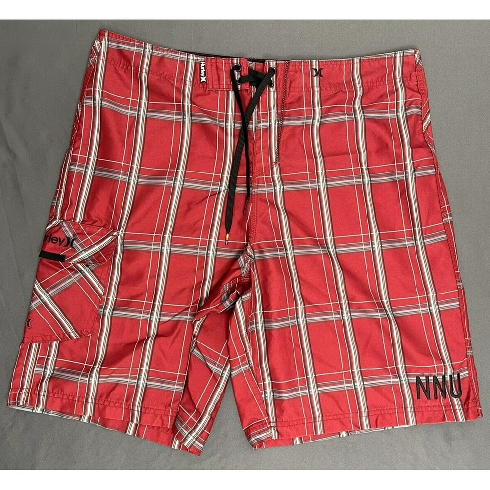 HURLEY Boardshort Swim Surf Shorts Red Plaid Mens Size 38